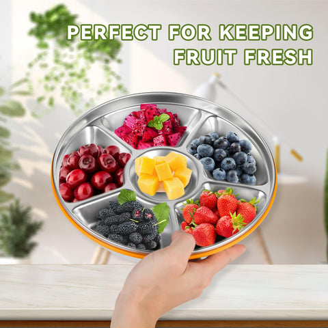 Motith divided snack tray with dip compartment simplifies serving sauces at parties.