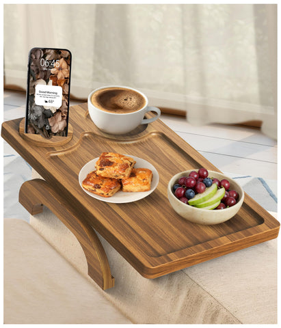 Motovatec Acacia Wood Arm Tray provides a sturdy sofa surface for drinks and remotes.