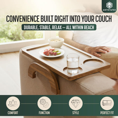 Motovatec arm clip-on design keeps the tray secure without scratching cushions.