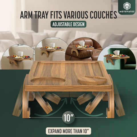 Motovatec Foldable Tray provides a flat surface for snacks or coffee on the arm.