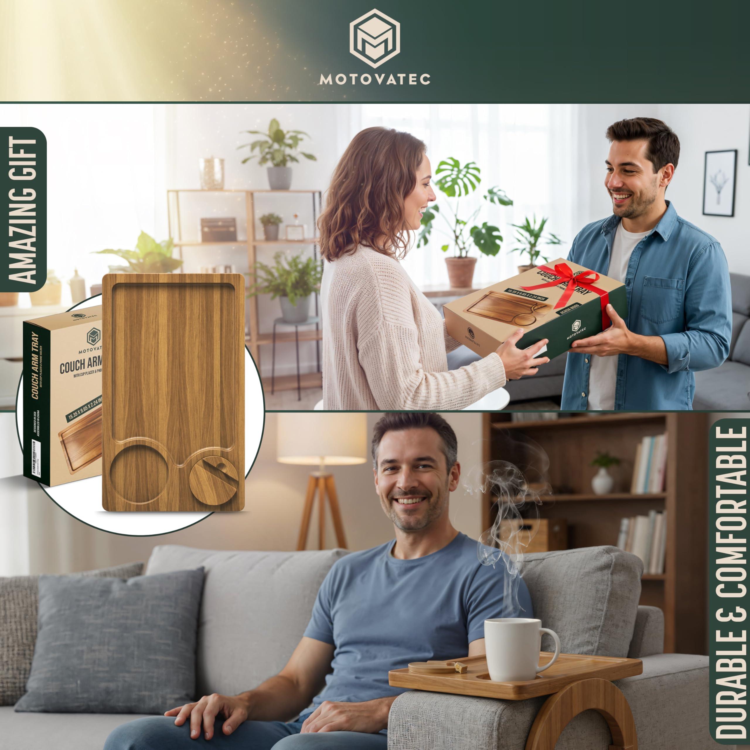 Motovatec Natural Acacia Wood Finish adds warm, durable styling to living space.