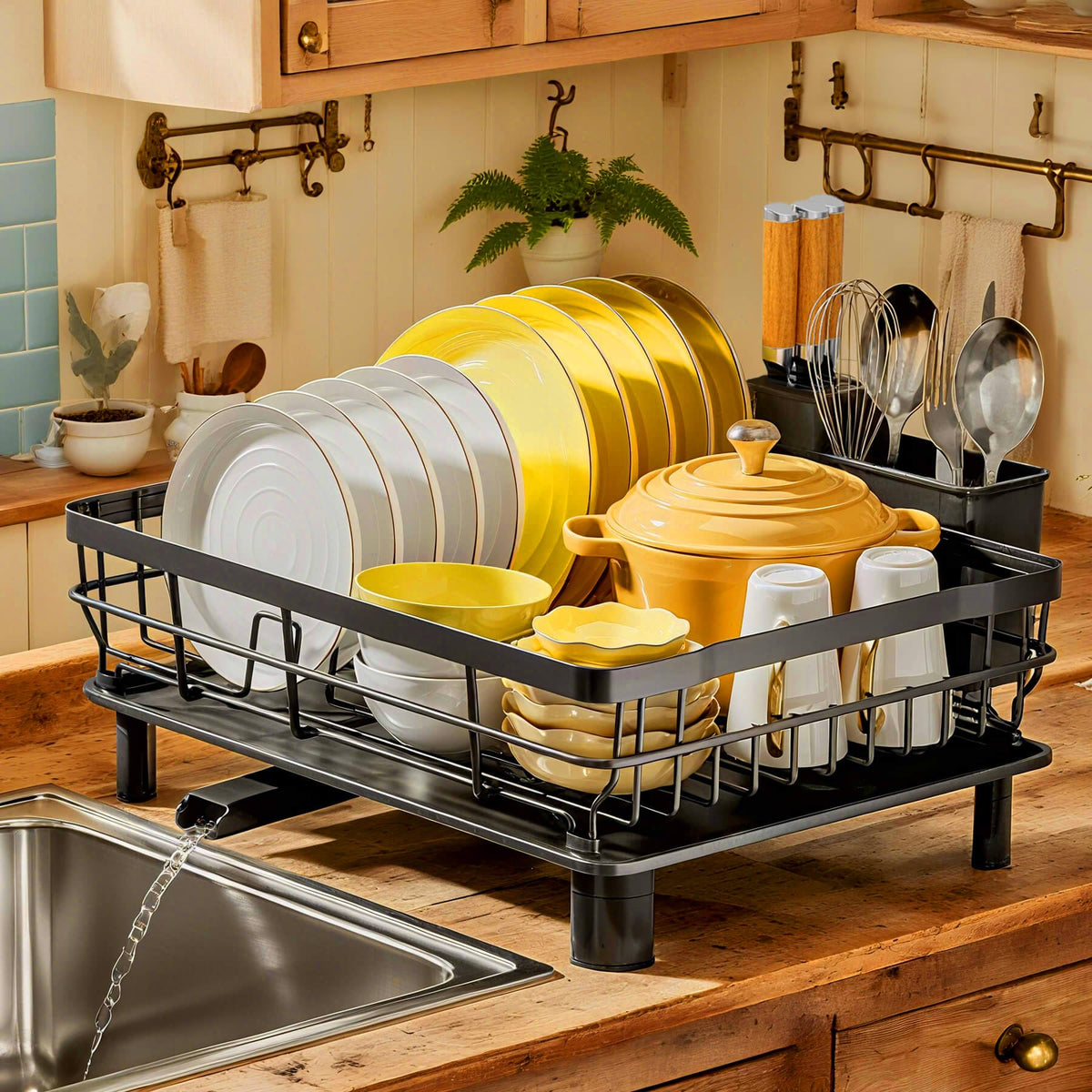 MOUKABAL dish drying rack full view on counter shows sturdy stainless steel for daily use
