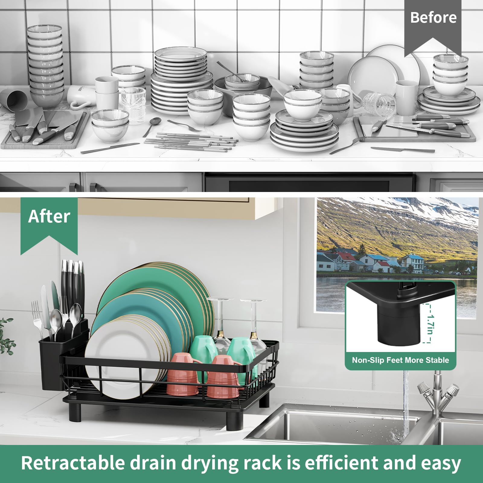 MOUKABAL dish drying rack removable utensil holder keeps cutlery organized