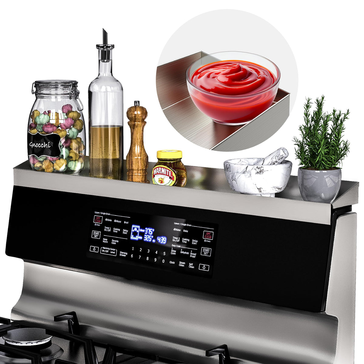 Mount Walker stove-top shelf brushed silver adds extra spice storage.
