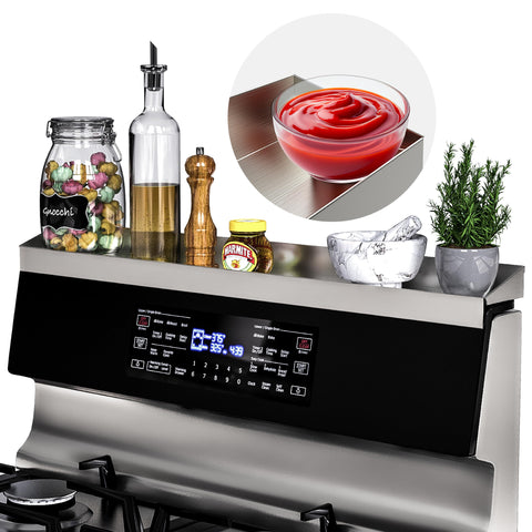 Mount Walker stove-top shelf brushed silver adds extra spice storage.