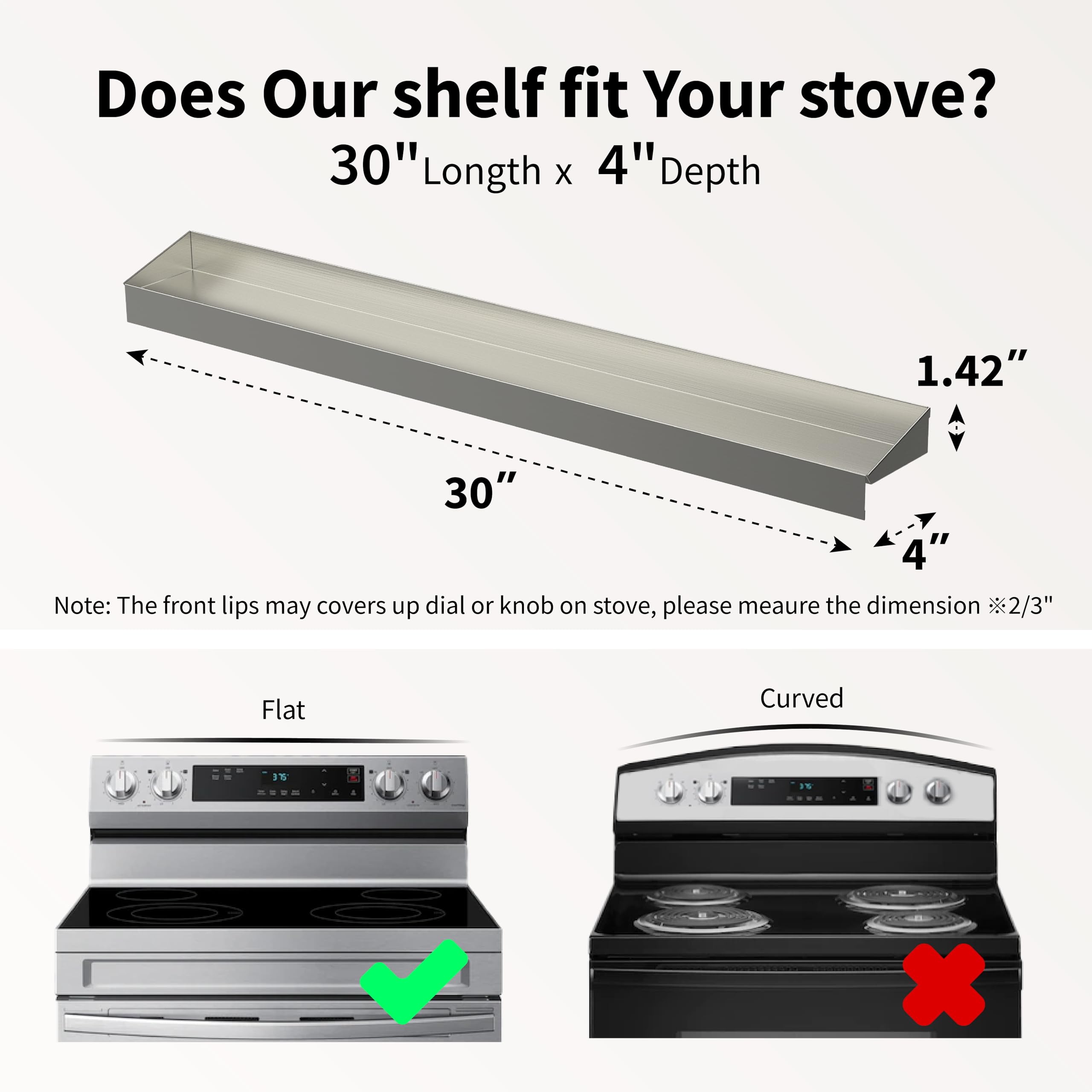 Mount Walker stove-top shelf front lip prevents items from slipping.