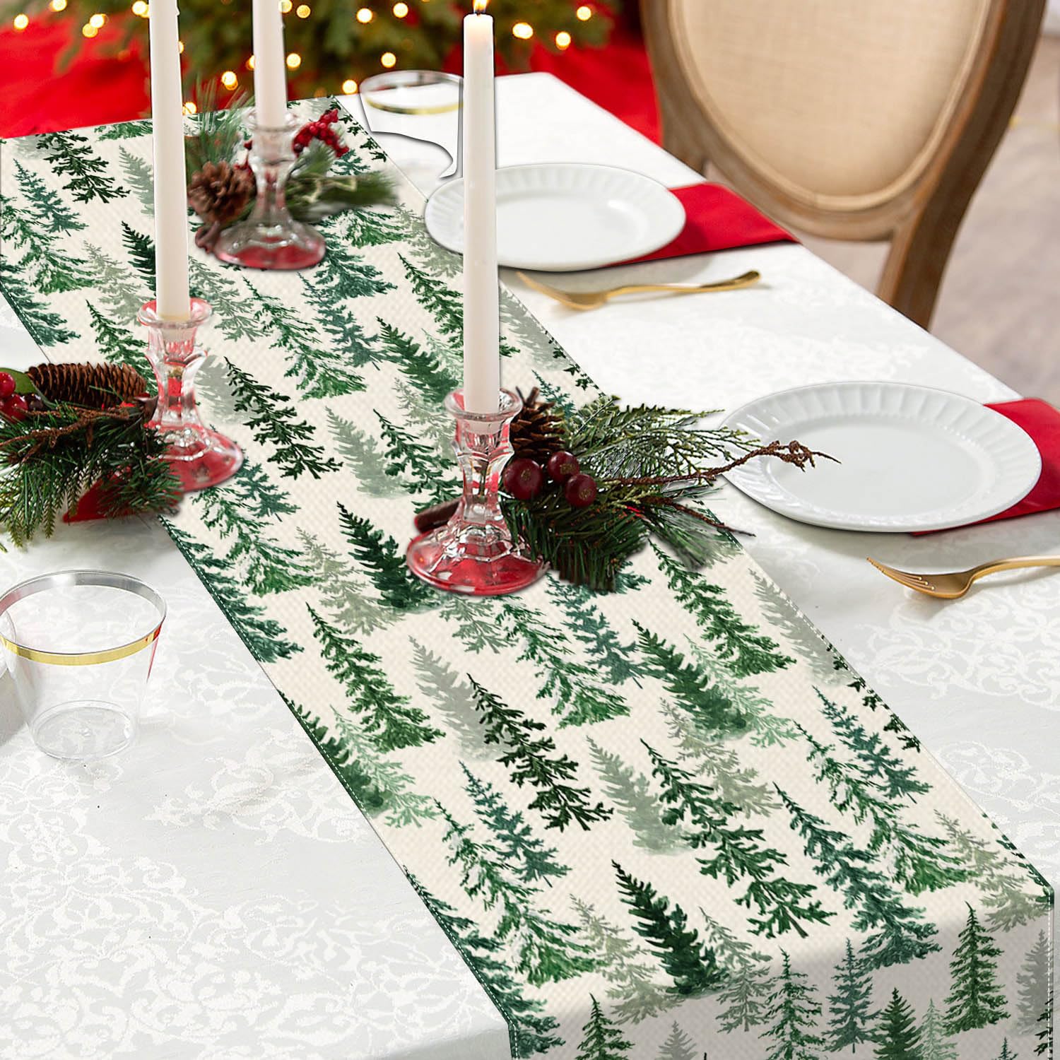 Moutina farmhouse dining vibe enhanced by green pine runner on family gatherings.