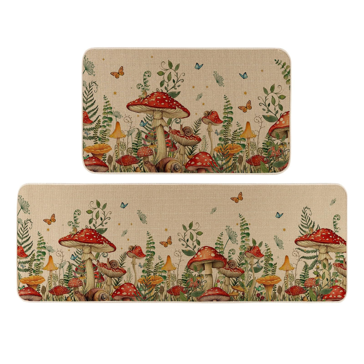 Moutina mushroom pattern kitchen mat adds spring charm to entryways.