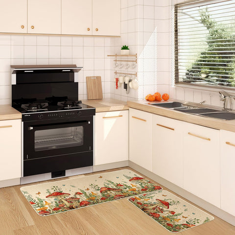 Moutina mushroom pattern kitchen mat 17x47 enhances wider doorways.
