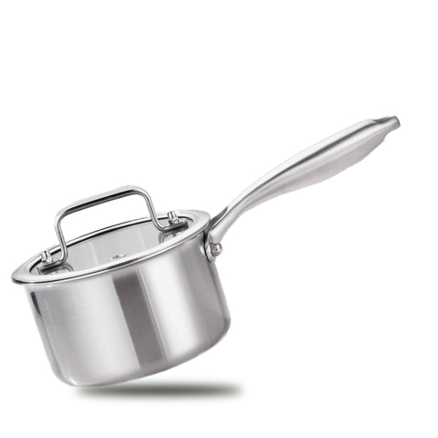 MOUTIUS 1 Quart triple-layer saucepan with lid for even heat and quick sauces.