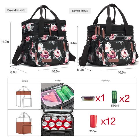 MOV COMPRA Flower lunch bag expanded capacity with extra space for snacks and drinks.