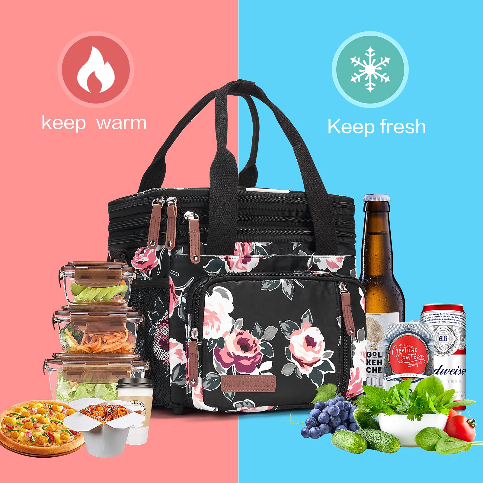 MOV COMPRA Flower lunch bag removable shoulder strap for easy carrying.