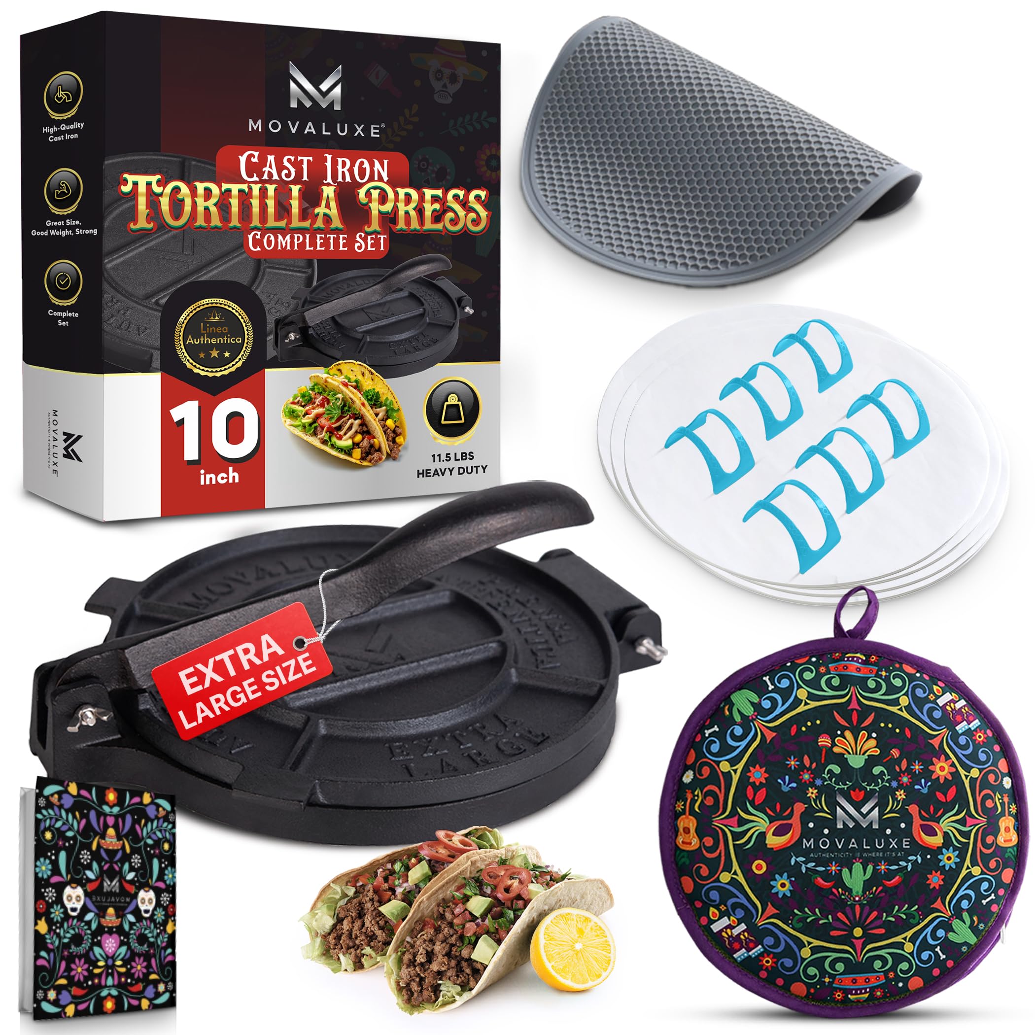 Movaluxe tortilla press 10-inch with sturdy cast iron for even dough flattening.