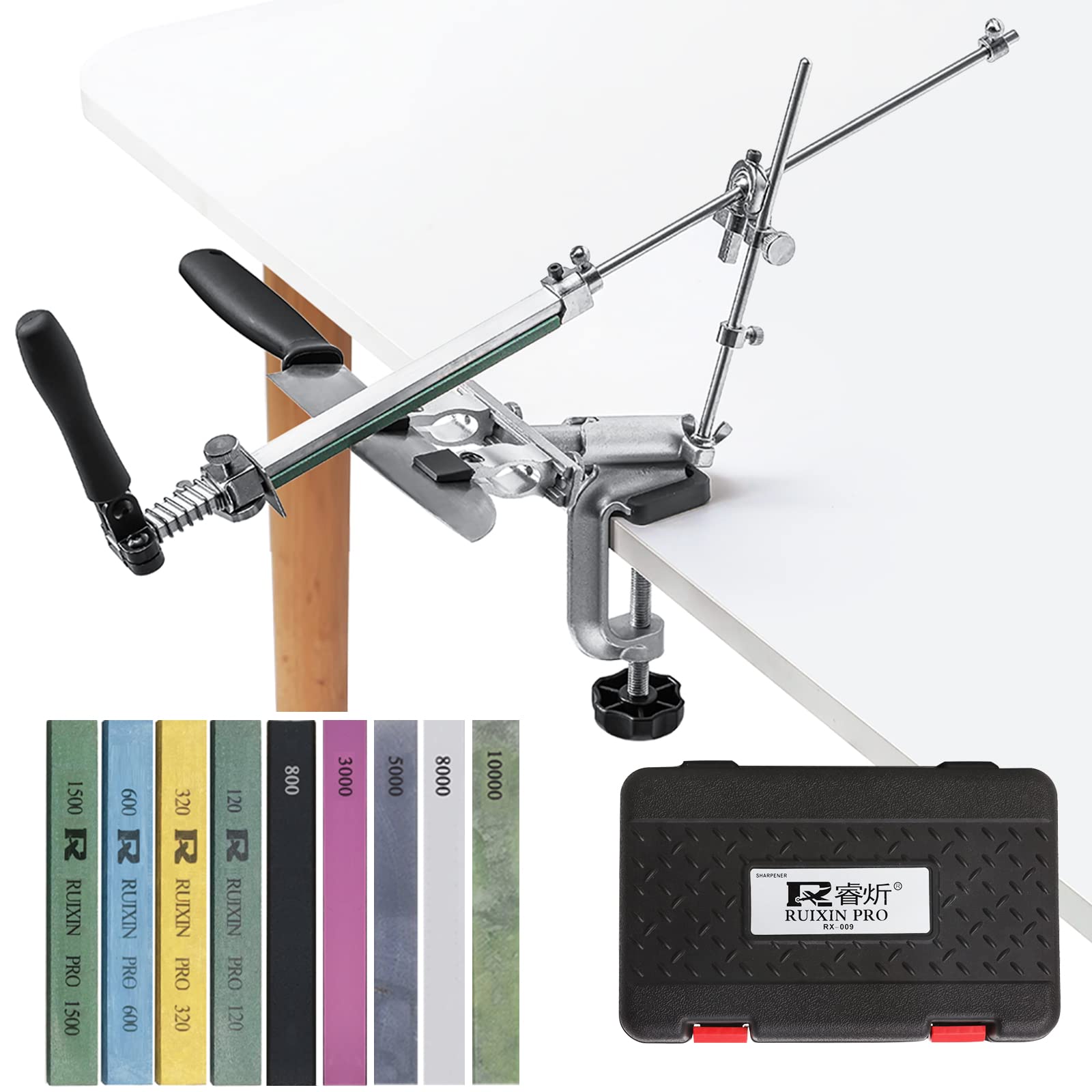 MOVIRON Ruixin Pro RX-009 fixed-angle clamp secures knives firmly during sharpening.