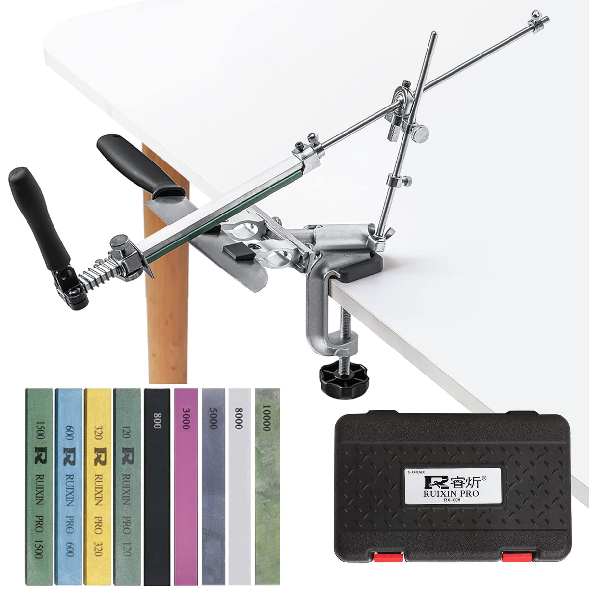 MOVIRON Ruixin Pro RX-009 fixed-angle clamp secures knives firmly during sharpening.