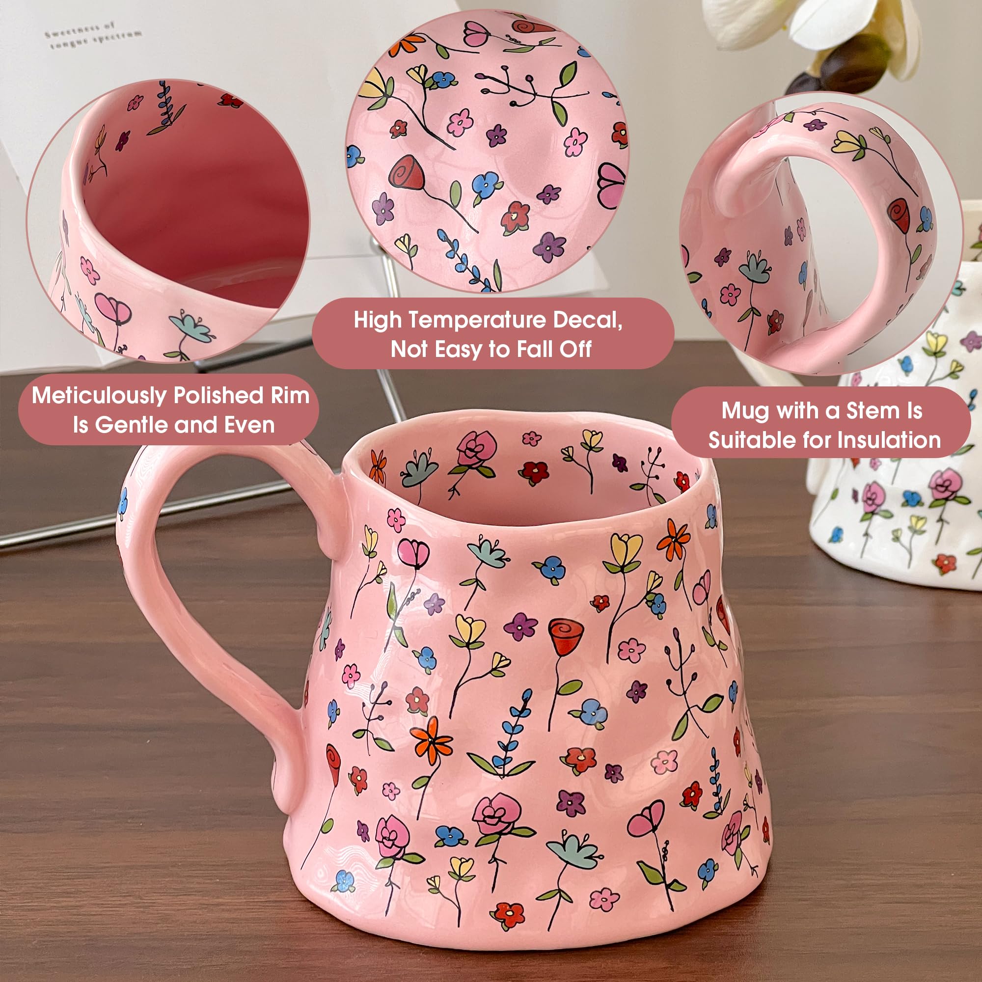 Movlen handcrafted ceramic mug with irregular shape and floral design.