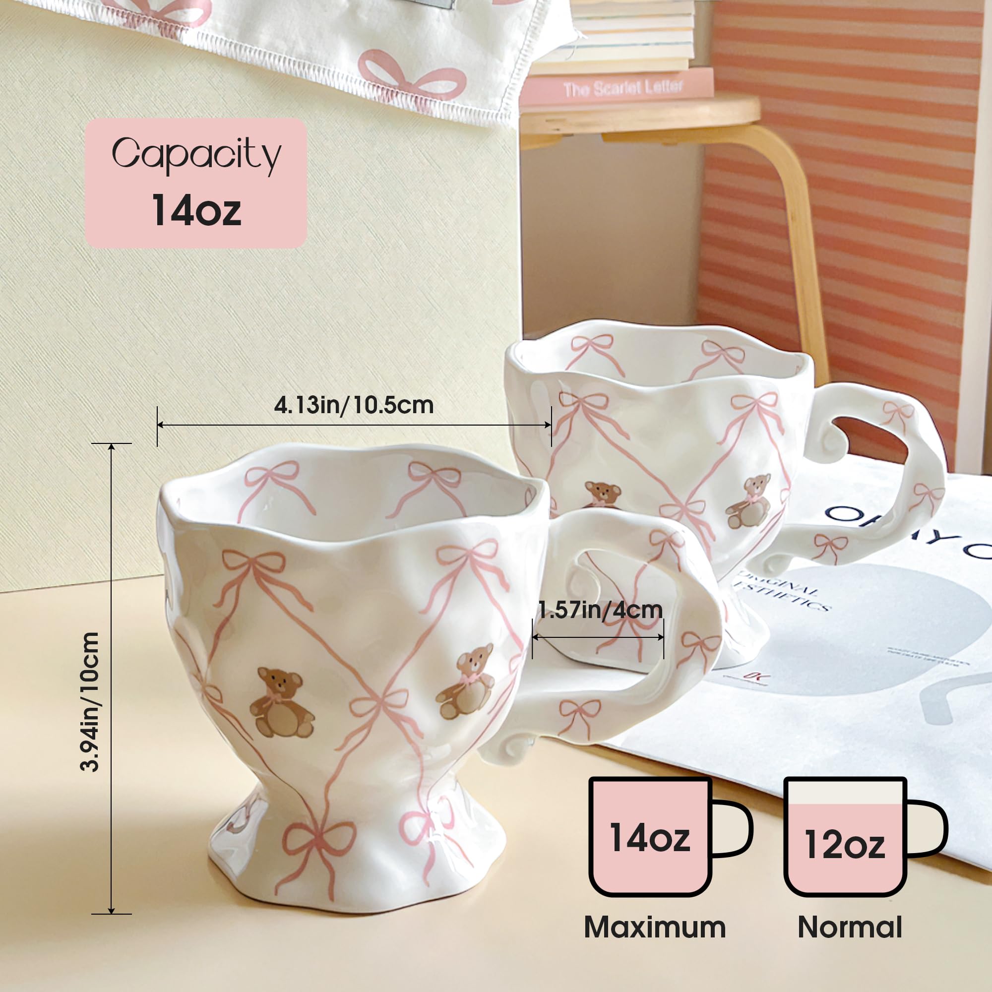 Movlen kawaii ceramic mug pink bow detail, showcasing handmade charm and durable glaze.