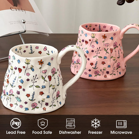 Movlen pink floral irregular mug highlighting unique style for daily coffee moments.