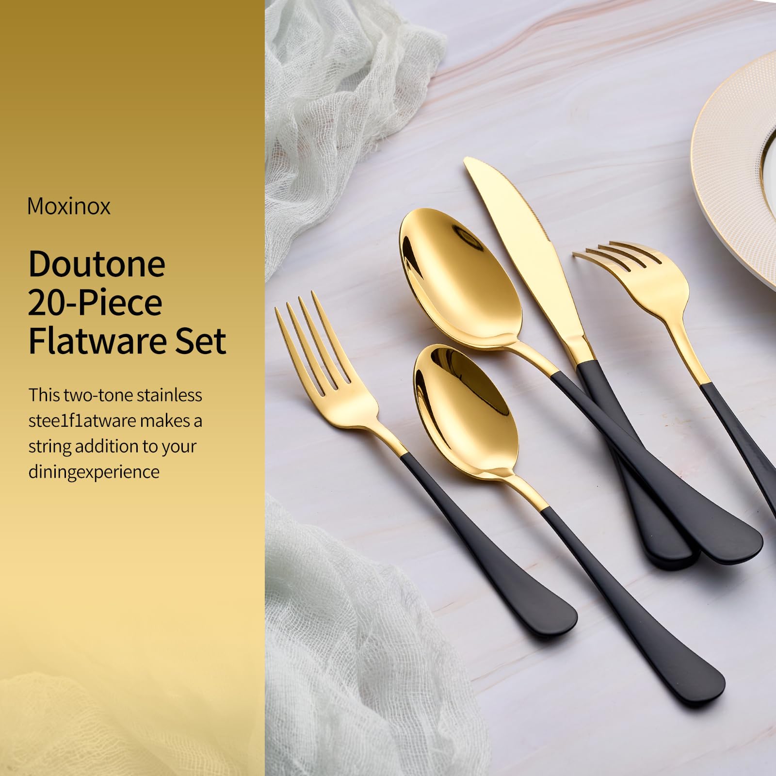 Moxinox gift-ready black and gold silverware set suits weddings and housewarmings.