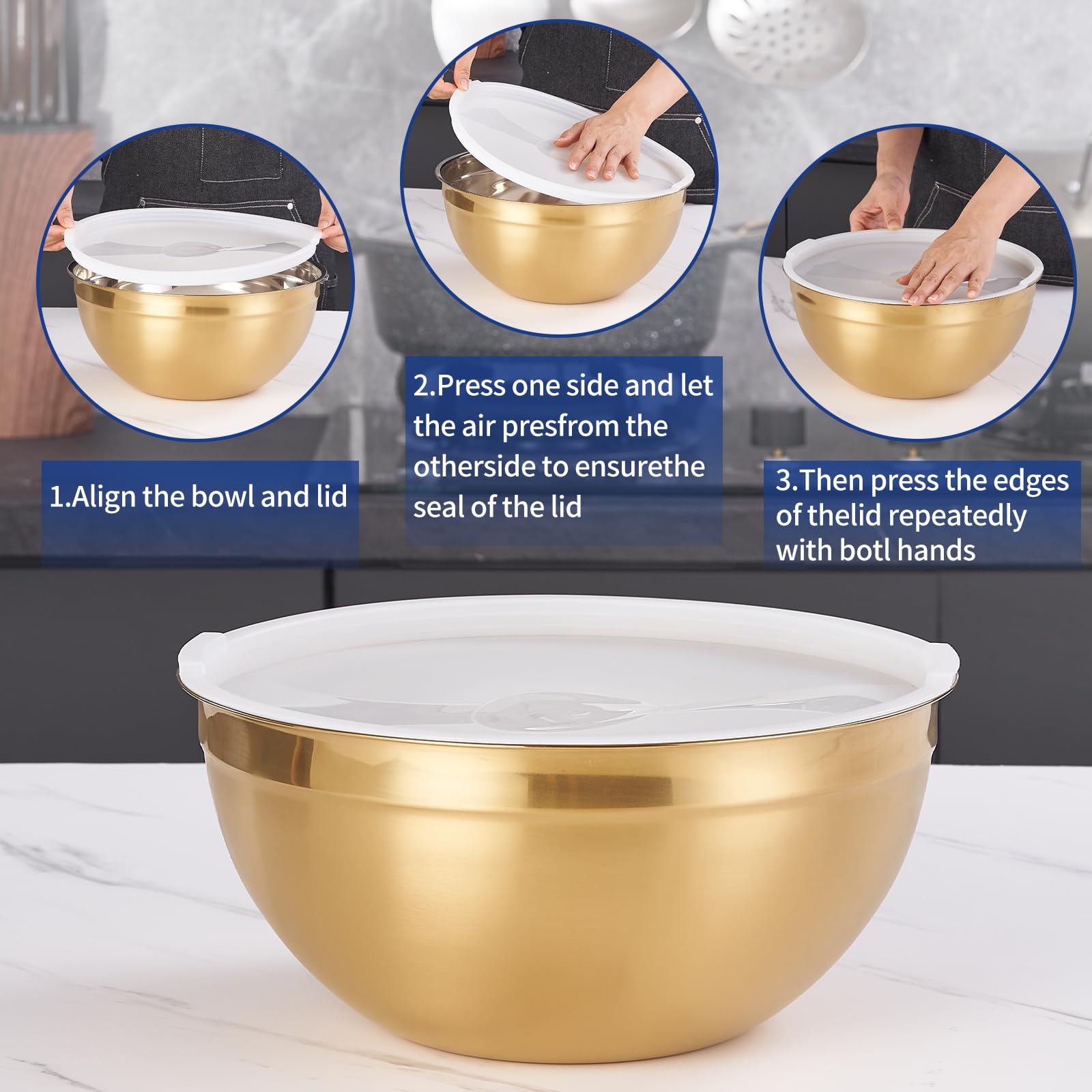 Moxinox Gold bowls feature brushed exterior and mirror interior for easy cleaning.