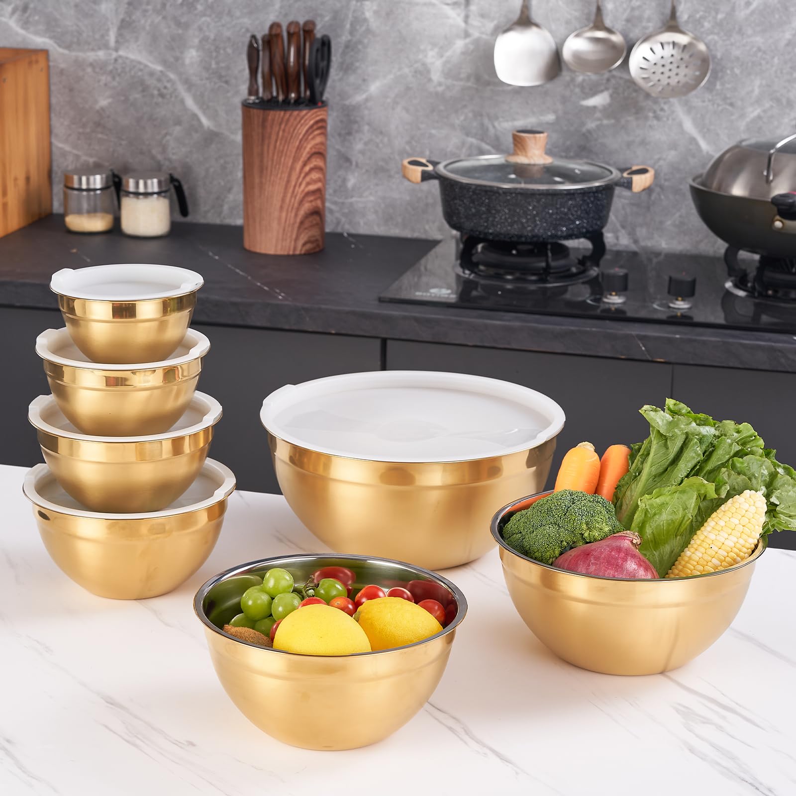Moxinox Gold bowls shown in kitchen setup for prep.