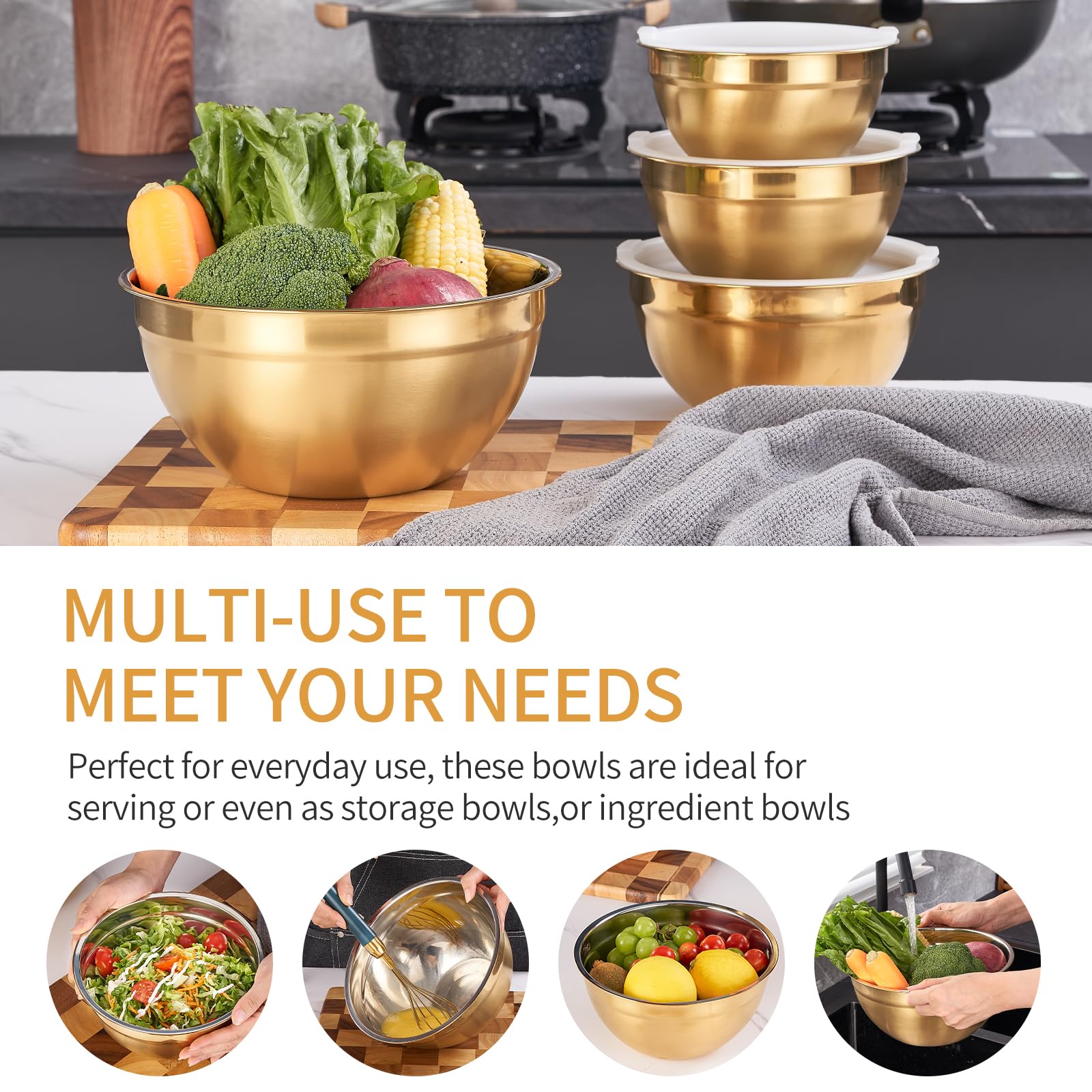 Moxinox Gold bowls stackable for compact kitchen storage.