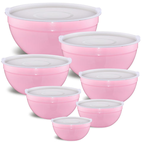 Moxinox pink mixing bowls with airtight lids for fresh ingredients.