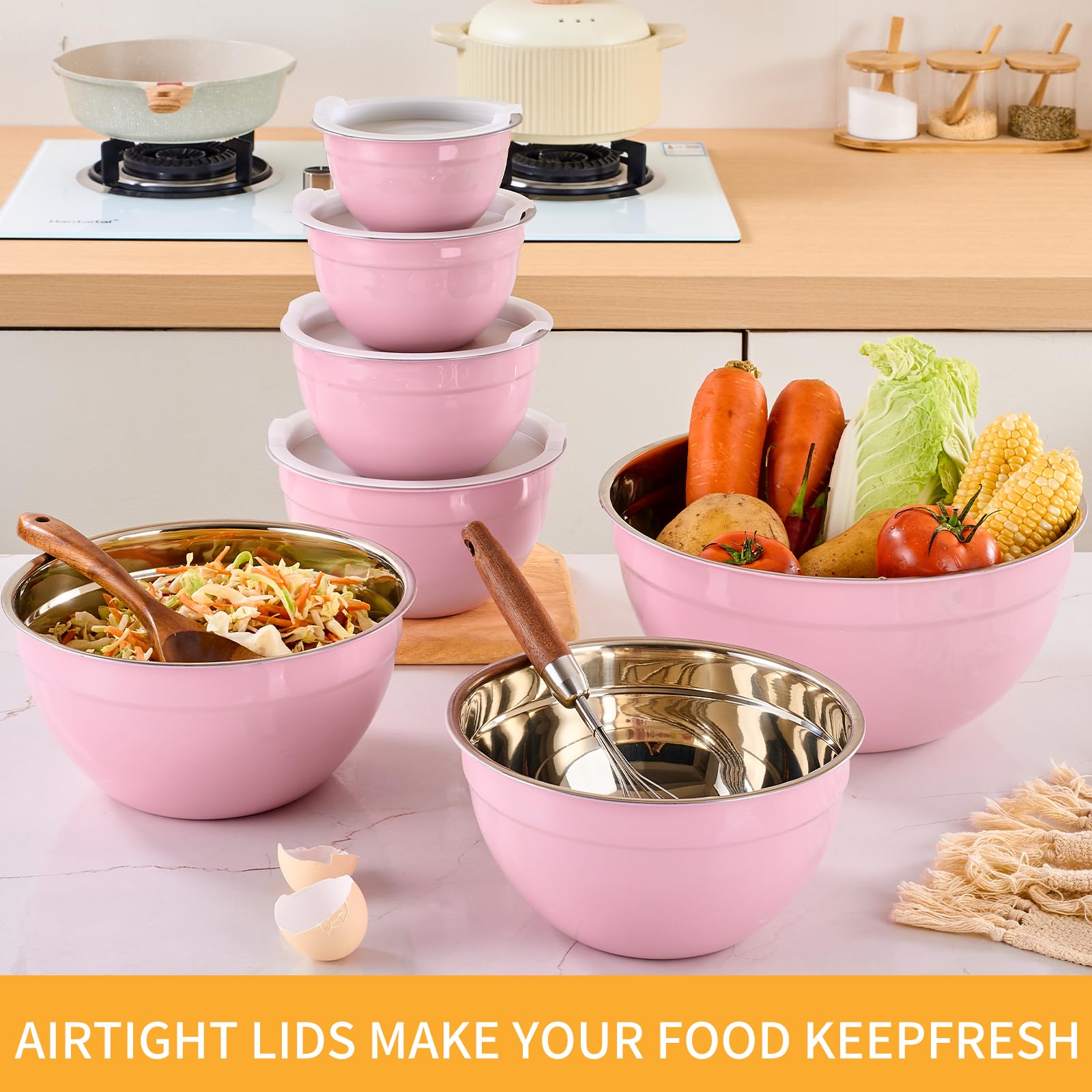Moxinox pink bowls nest compactly for easy storage.