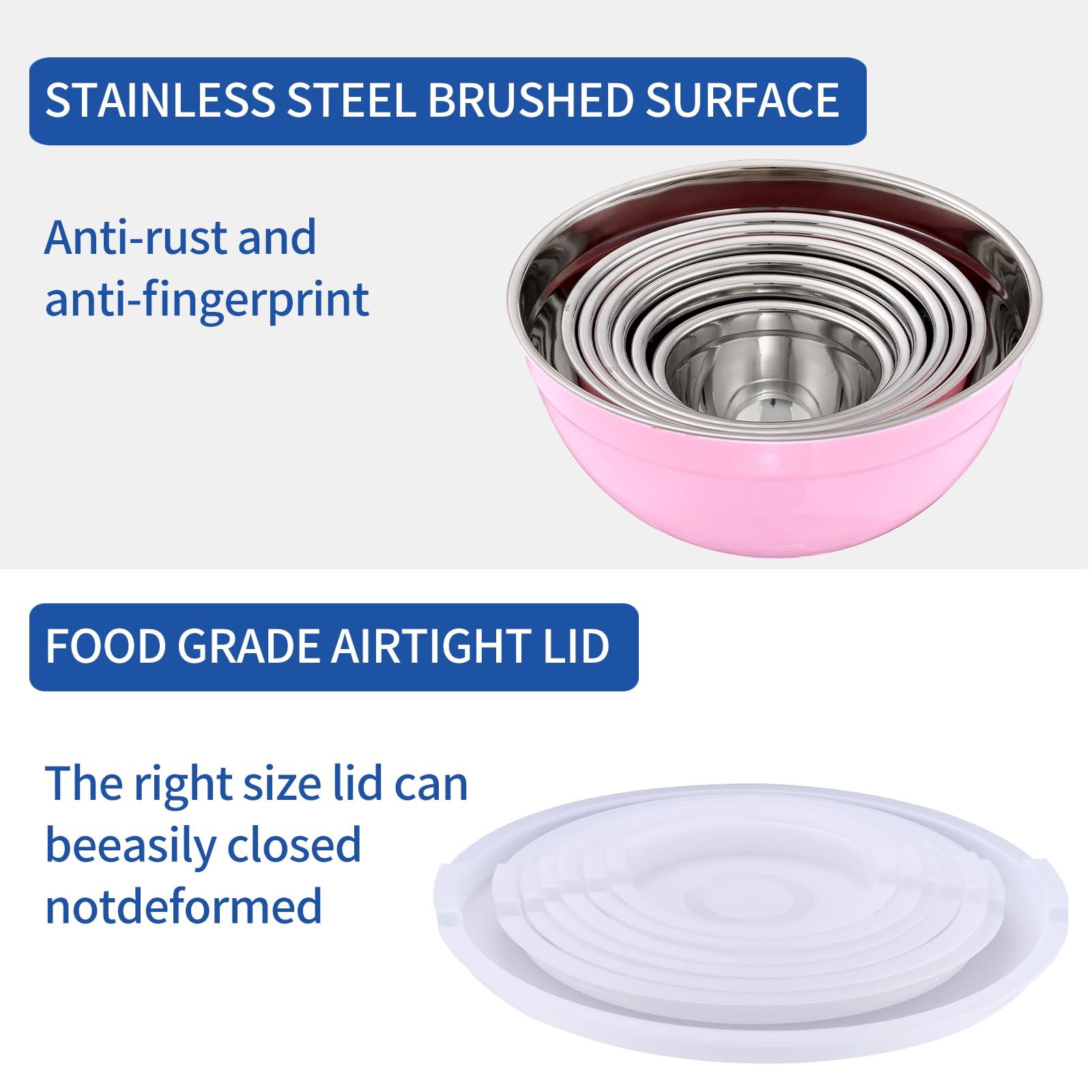 Moxinox pink bowls with airtight lids for marinating and fridge storage.