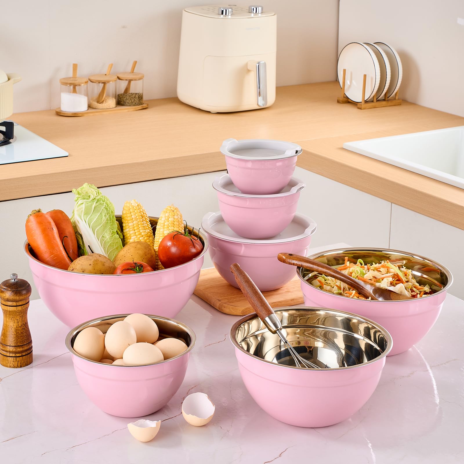Moxinox pink finish adds a cheerful touch to any kitchen.