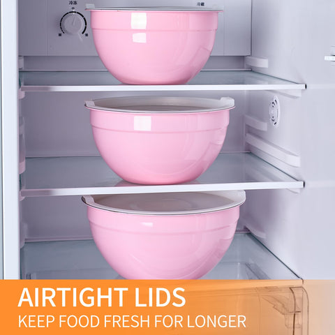 Moxinox pink bowls ideal for batter, salads, and ingredient prep.