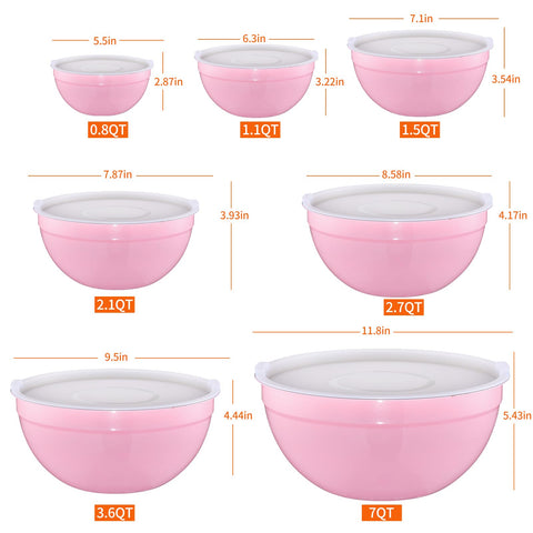 Moxinox pink mixing bowls nest to save counter space.