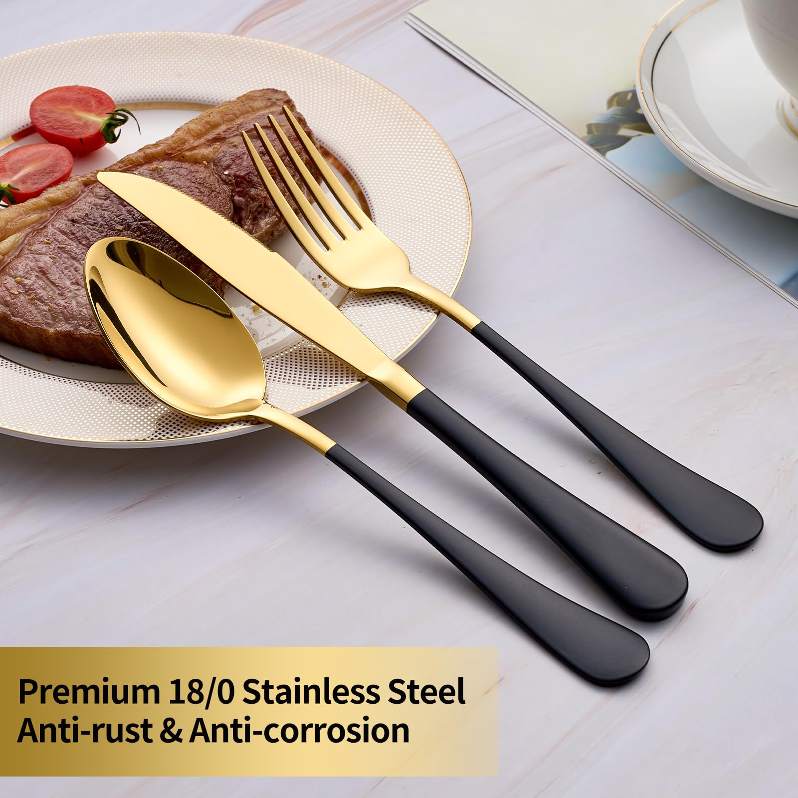 Moxinox service-for-4 silverware set provides complete dining for families.