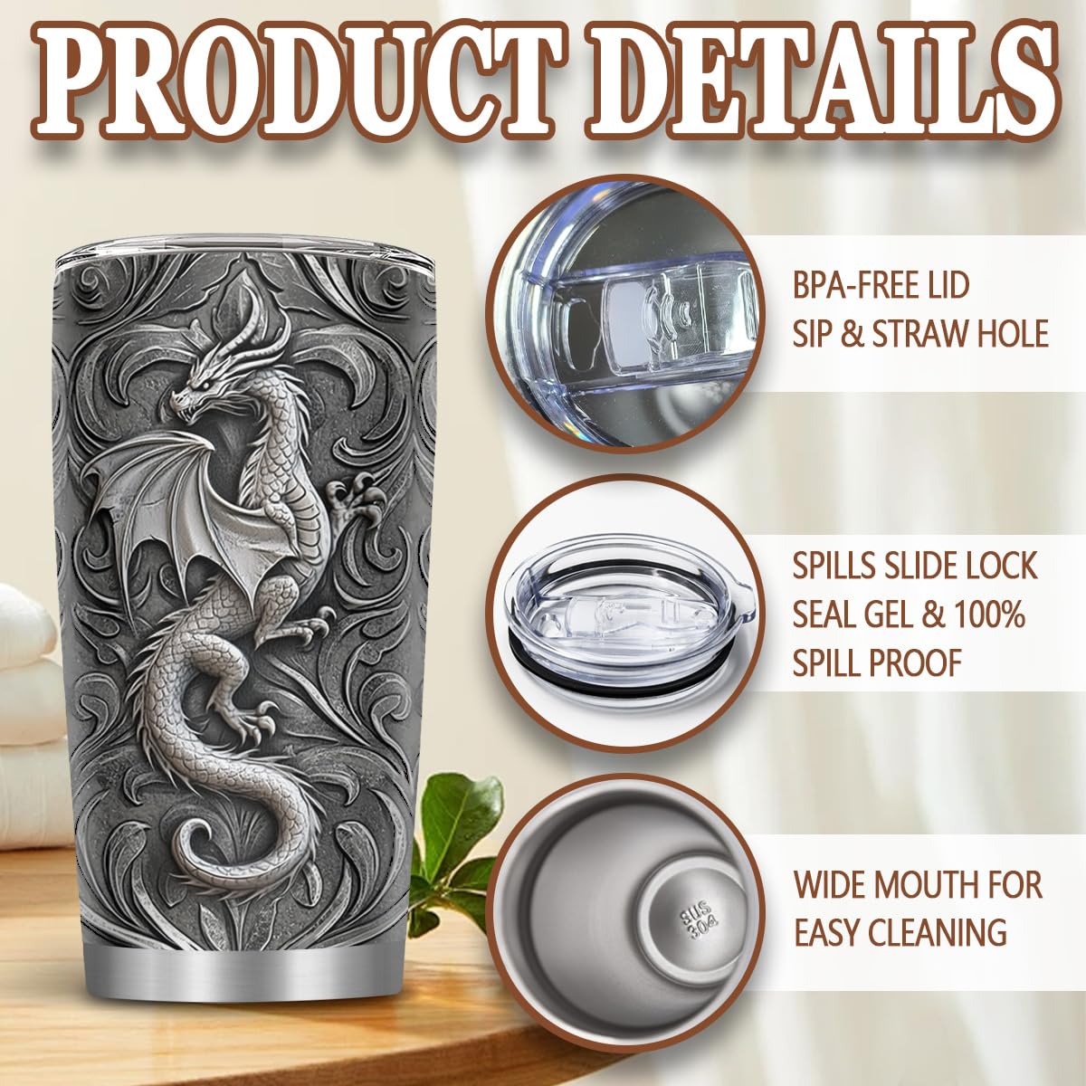 MoYueno Dragon Gifts double-wall insulation helps keep beverages at desired temperature longer