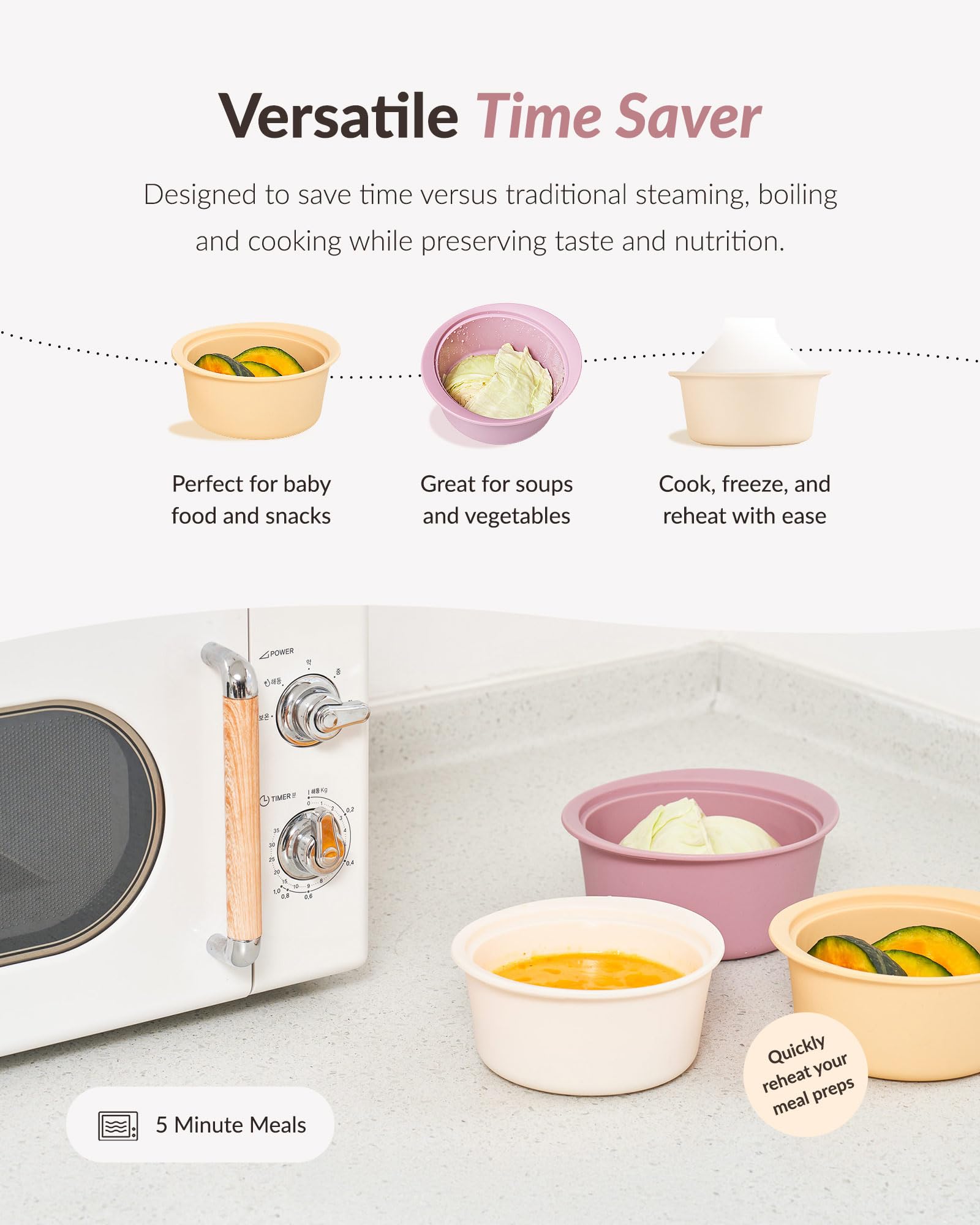 MOYUUM large 800ml steamer fits vegetables like sweet potatoes and cabbage.