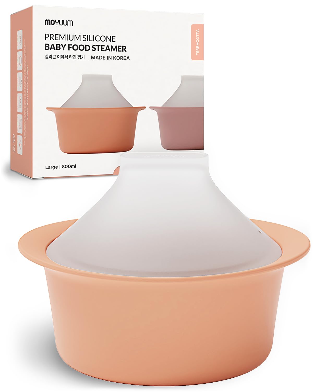 MOYUUM silicone microwave steamer lid showcases easy steam control and compact storage.