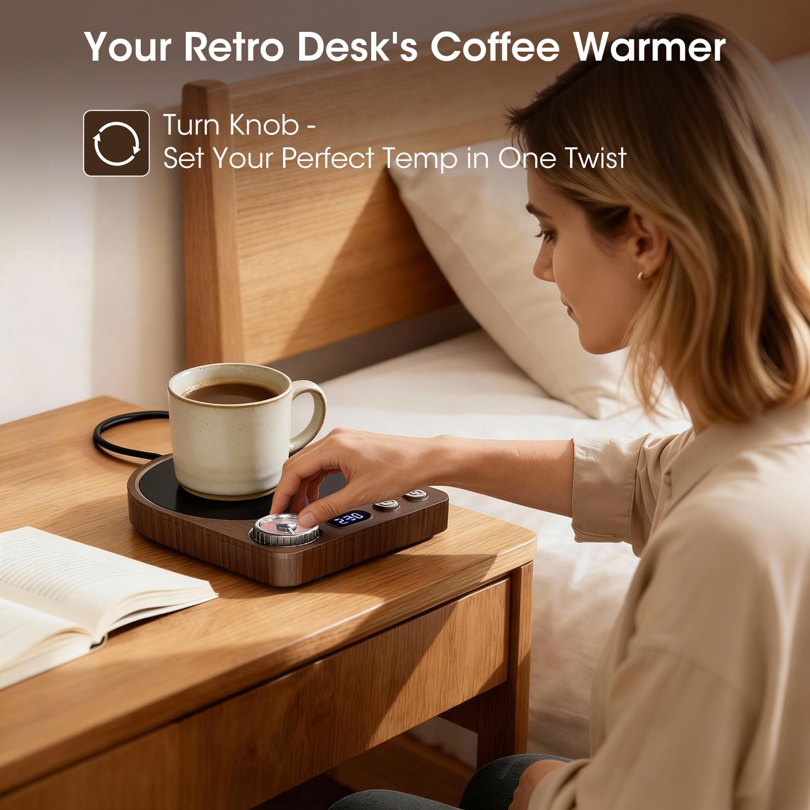 MQFORU Retro Mug Warmer shows 9 temperature levels for customized heat.