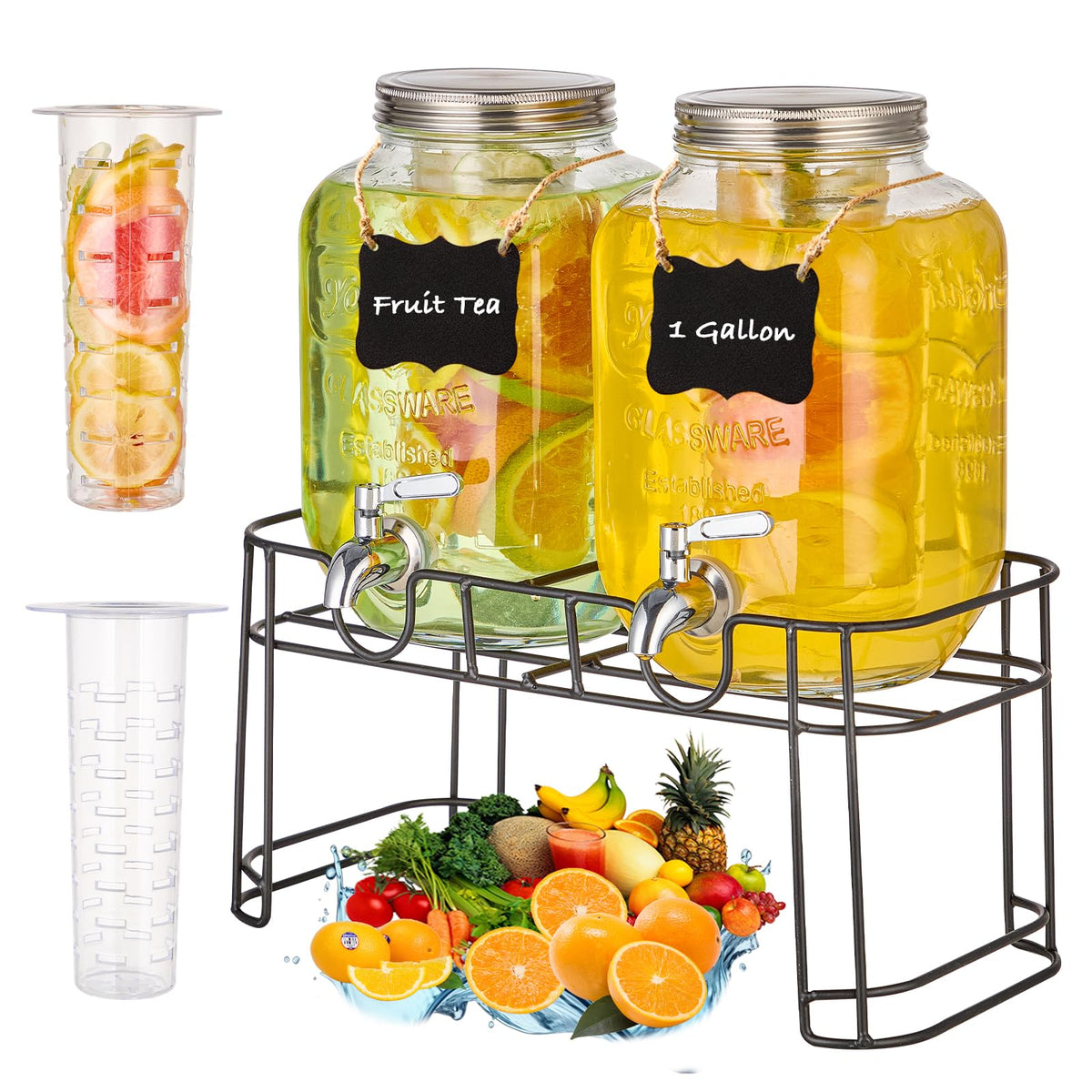 MQRFFTU 1-gallon glass drink dispenser with stand, ideal for outdoor parties.