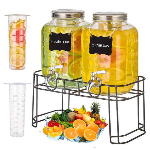 MQRFFTU 1-gallon glass drink dispenser with stand, ideal for outdoor parties.