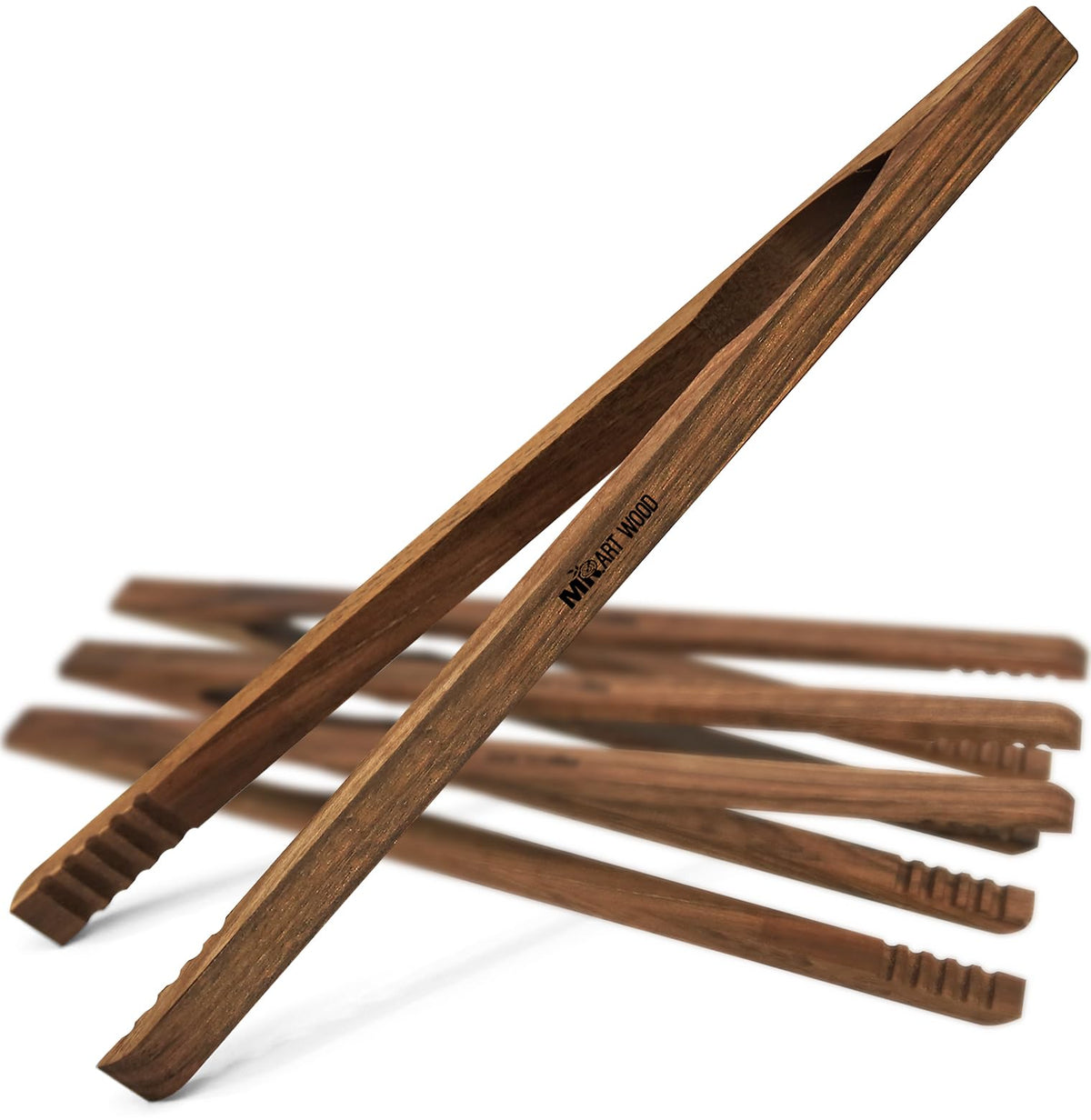 Mr.Art Wood 4-pack 10-inch toaster tongs with walnut grain for versatile serving.