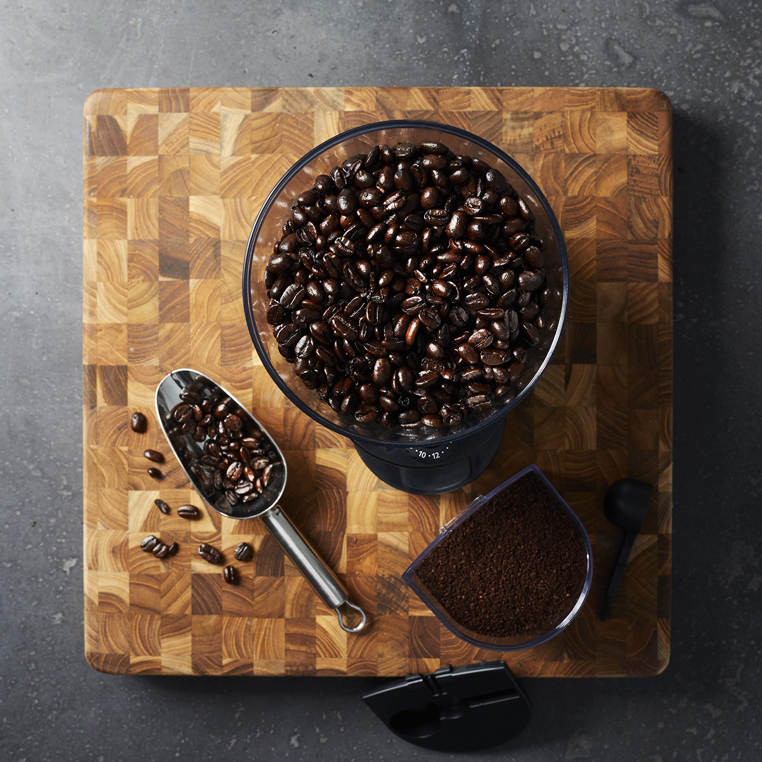 Mr. Coffee burr mill front view in sleek silver.