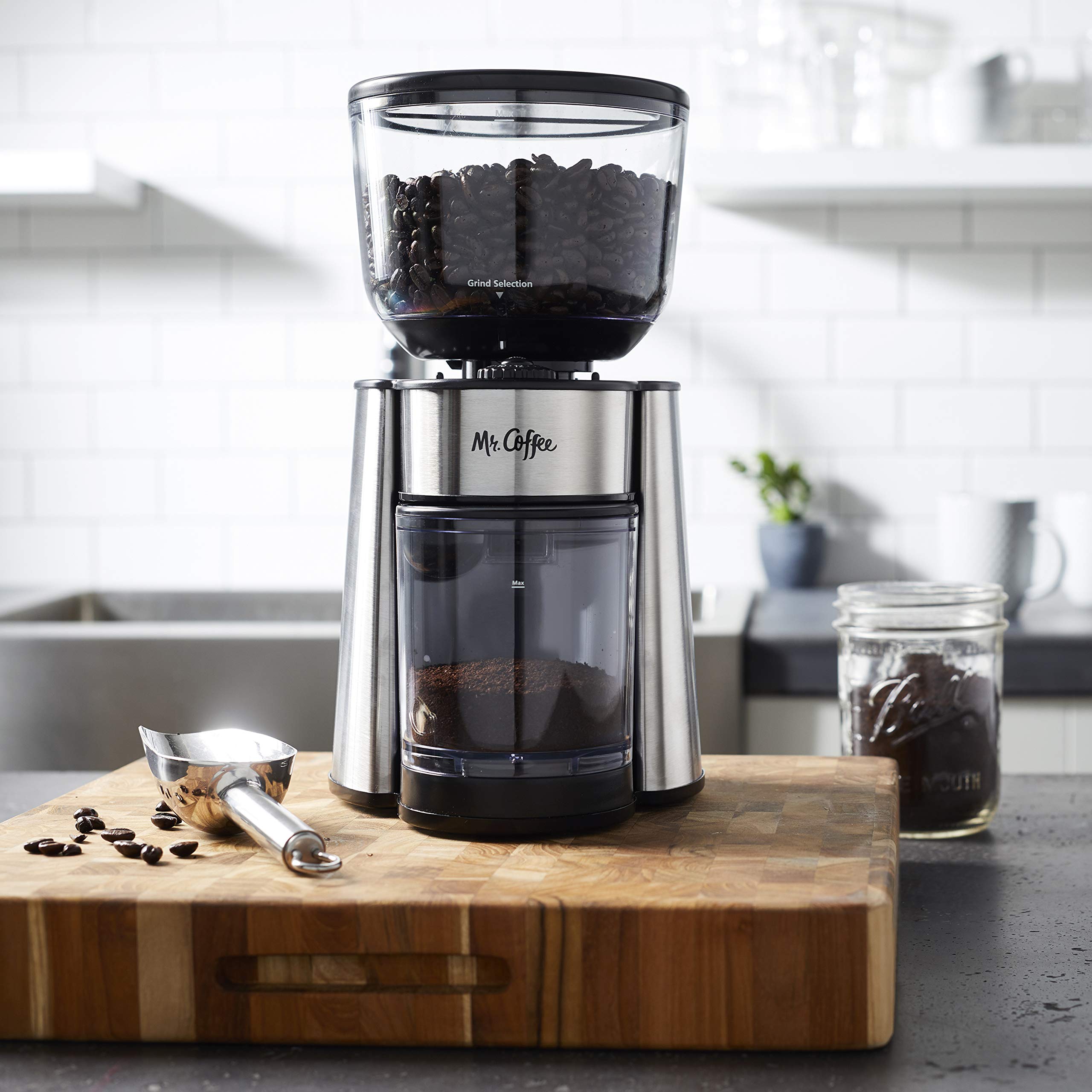 Mr. Coffee burr mill dual safety-locking switches add peace of mind.