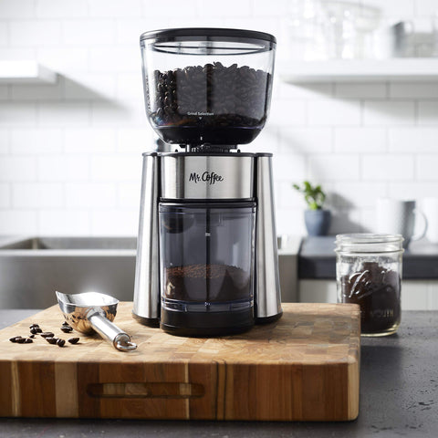 Mr. Coffee burr mill dual safety-locking switches add peace of mind.