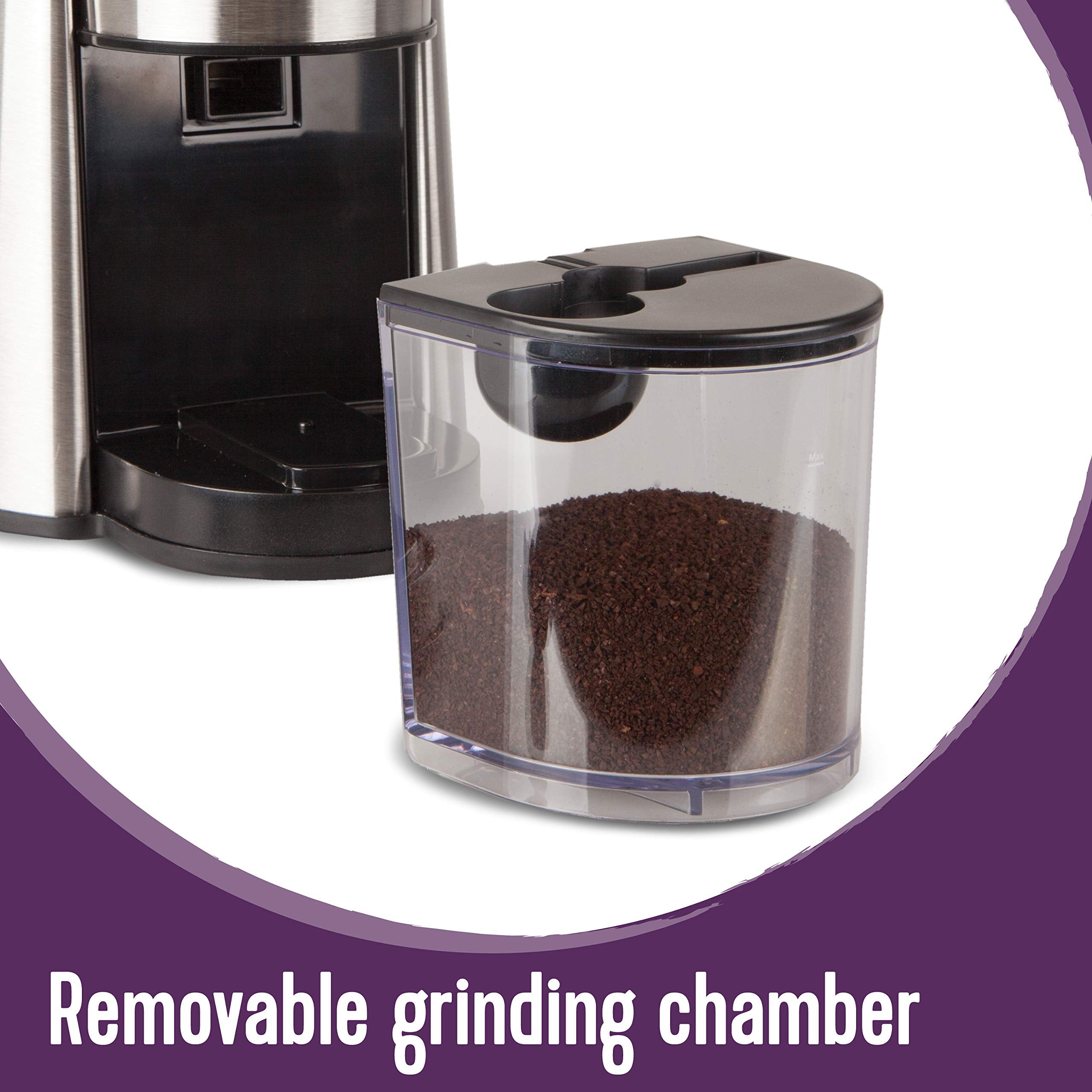 Mr. Coffee burr mill removable grinding chamber simplifies cleaning.