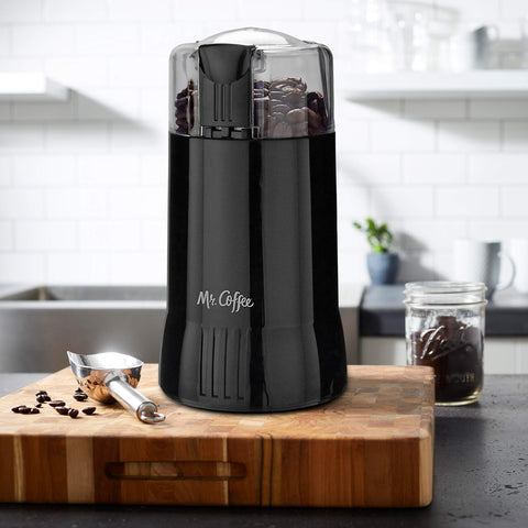 Mr. Coffee electric grinder with beans shows versatile grind settings for French press to espresso