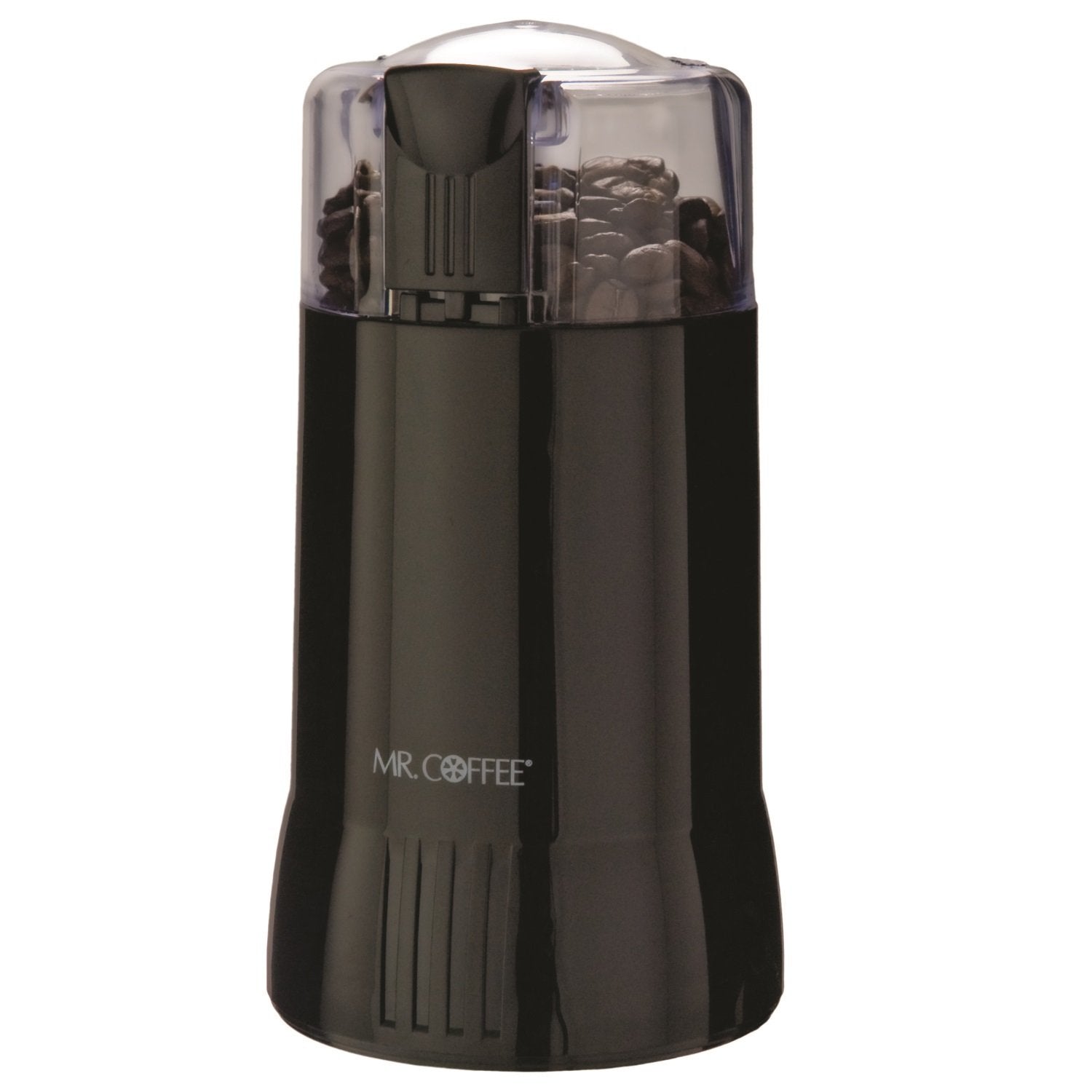 Mr. Coffee electric grinder front view, compact design ideal for small kitchens
