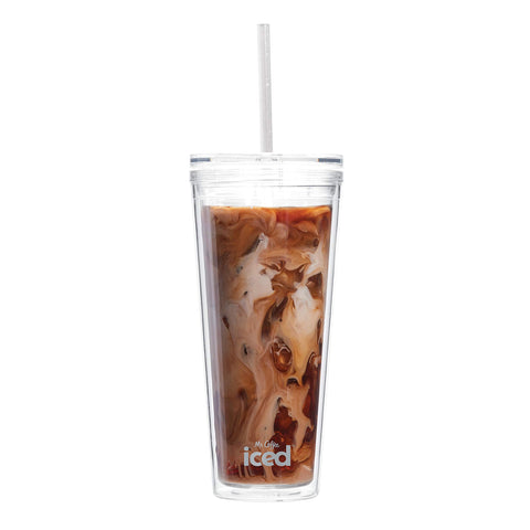 Mr. Coffee iced tumbler features double-wall insulation to prevent sweating.