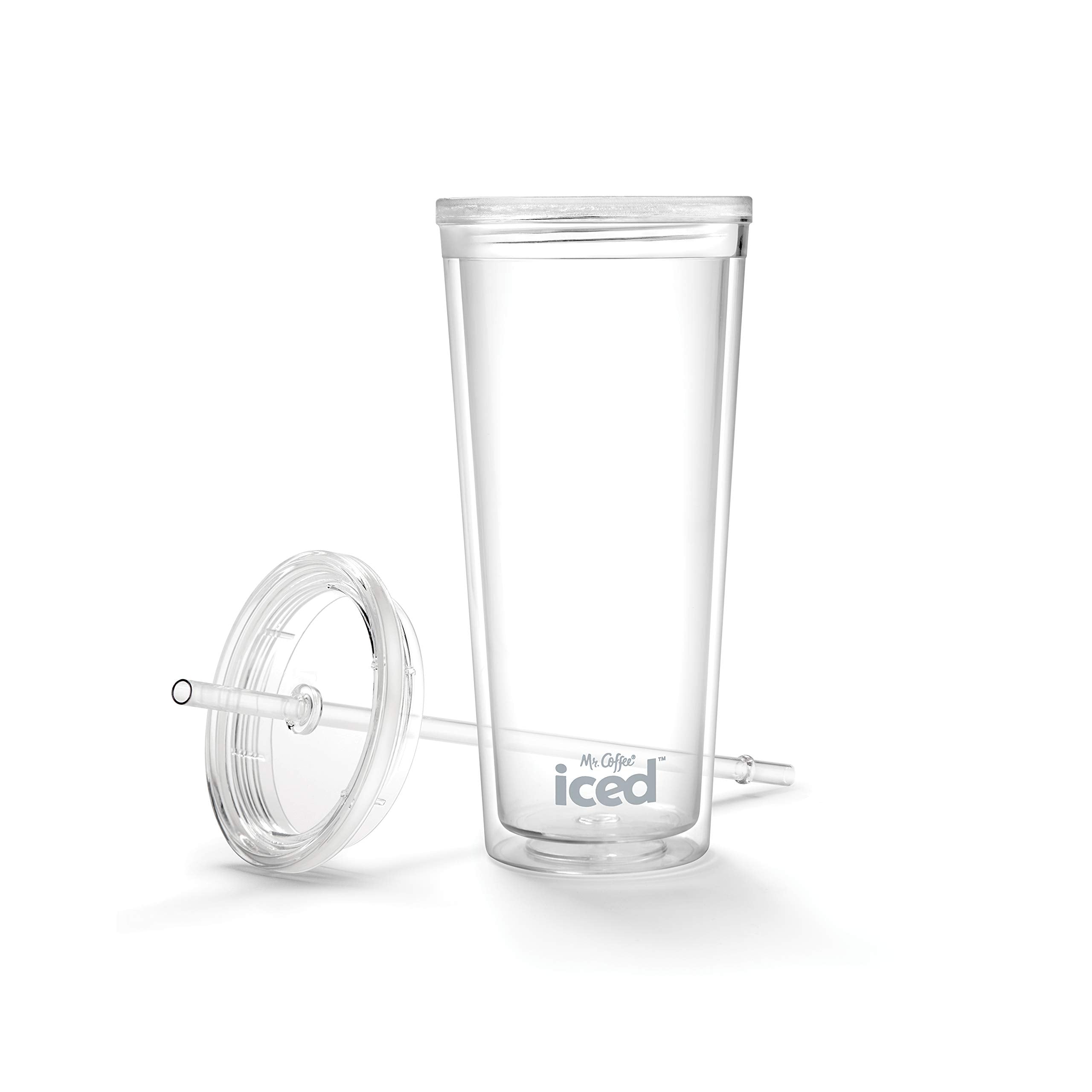 Mr. Coffee iced tumbler with lid and straw keeps beverages cool on the go.