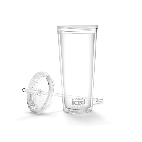 Mr. Coffee iced tumbler with lid and straw keeps beverages cool on the go.