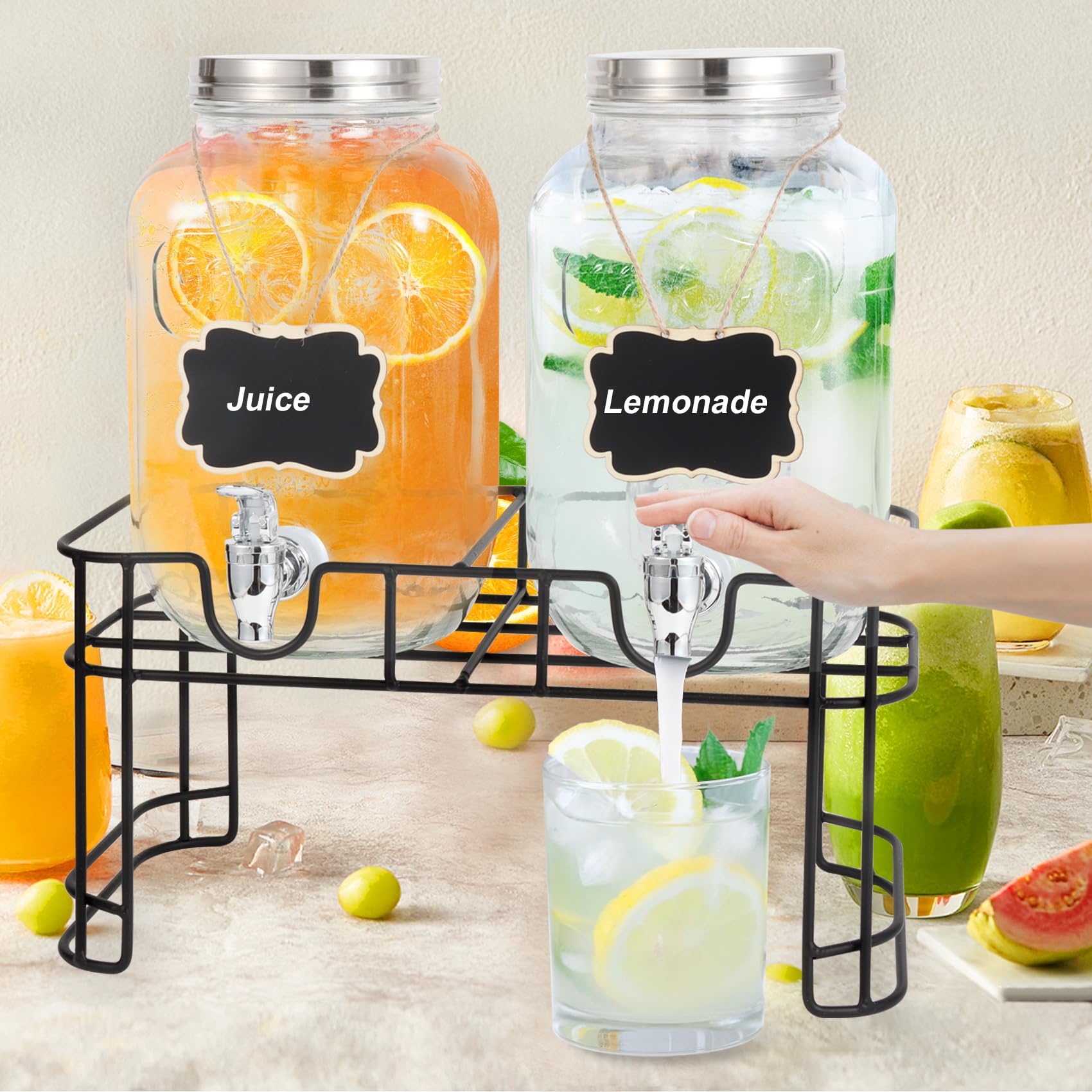 Packaged contents include spigots, chalkboards, infusers, brackets, and pen.